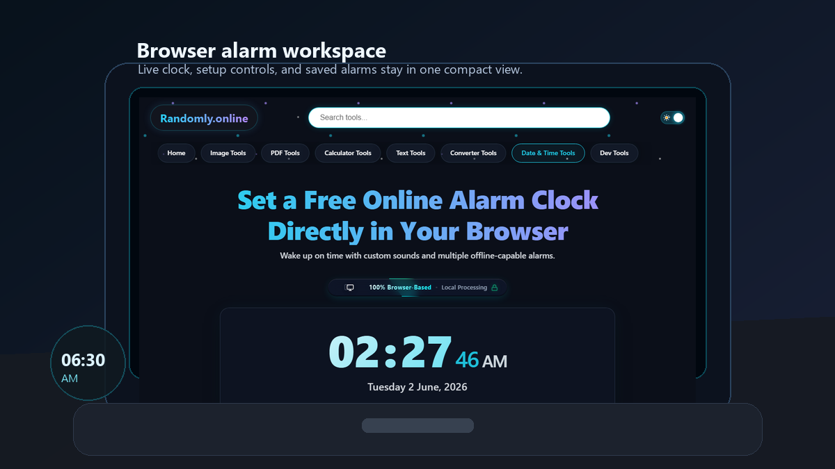 Online alarm clock open on a desktop workspace with saved alarms and browser-based controls