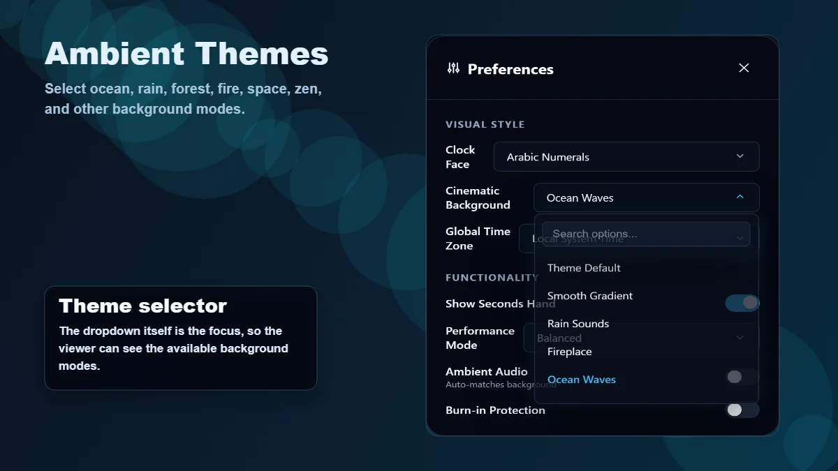 Ambient background dropdown showing ocean, rain, forest, space, fire, and zen clock themes