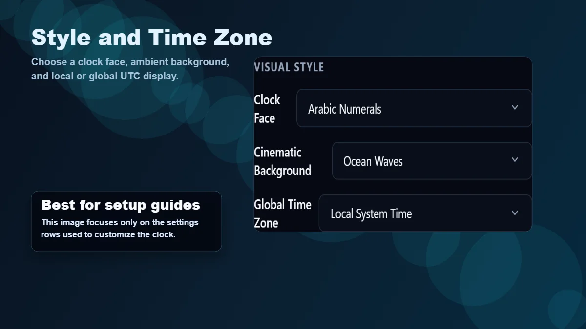 Analog Clock Online settings panel showing clock style and global timezone controls
