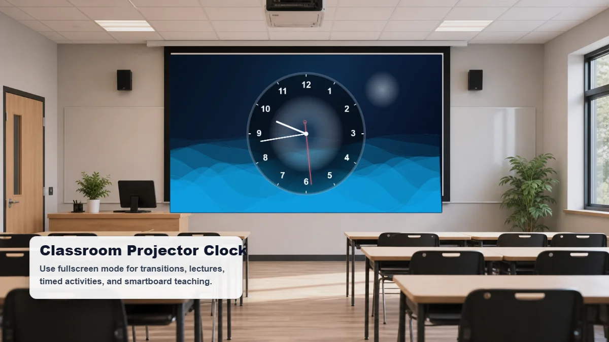 Analog clock online shown as a classroom projector clock with a large readable dial