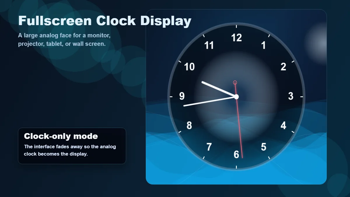 Analog Clock Online fullscreen display controls for projectors and wall screens