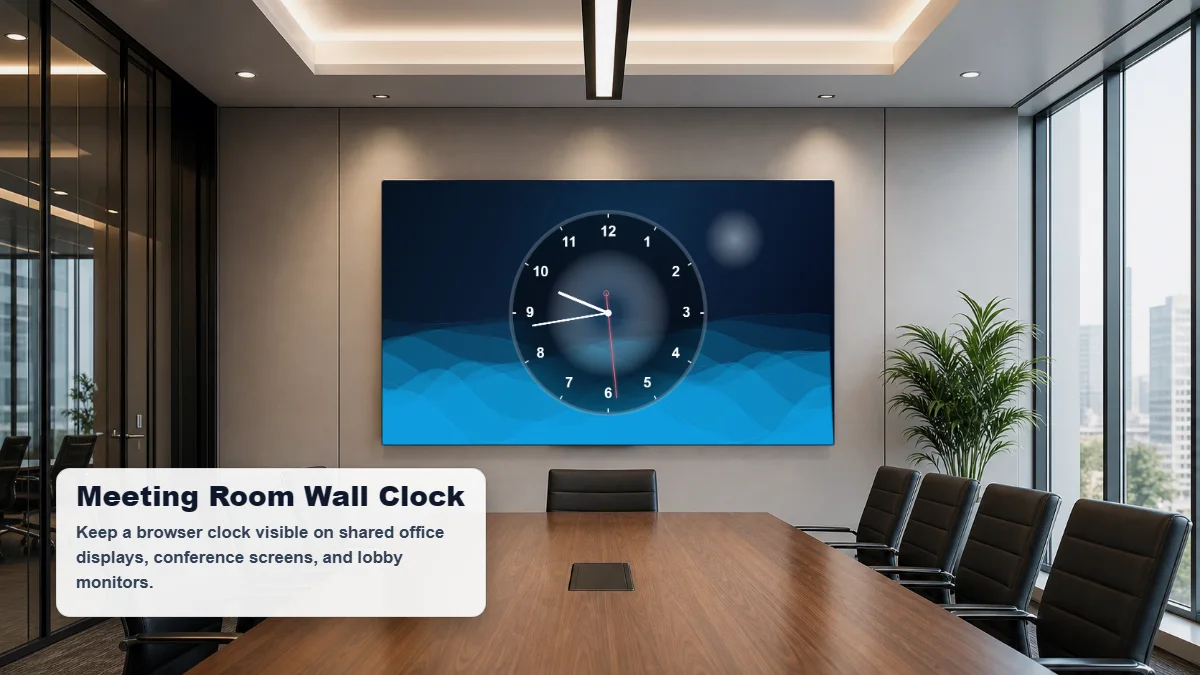 Analog Clock Online displayed as a meeting room wall clock on a shared screen