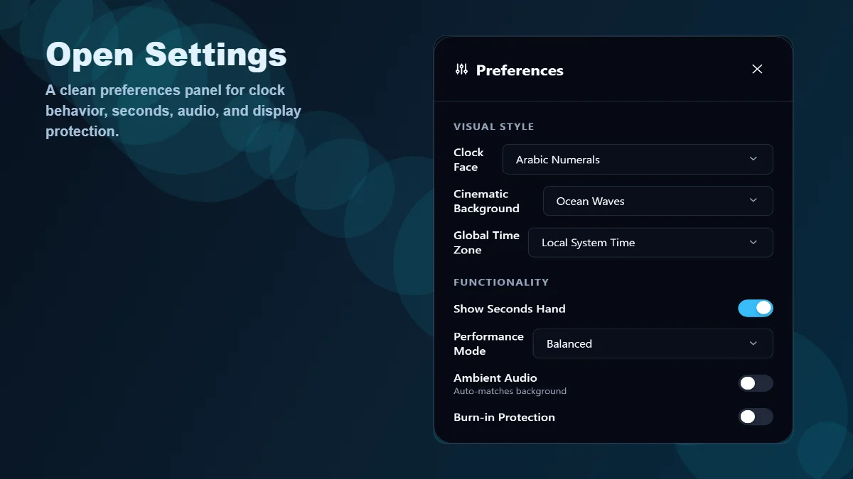 Analog Clock Online settings controls for clock style timezone and seconds hand options