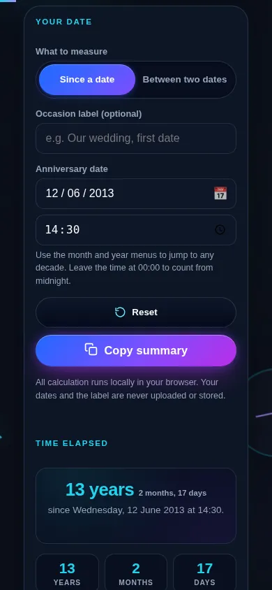 Anniversary calculator on a 390px phone: the mode switch, occasion label and start date and time stacked in one column above the years-and-months headline and the start of the six-cell breakdown