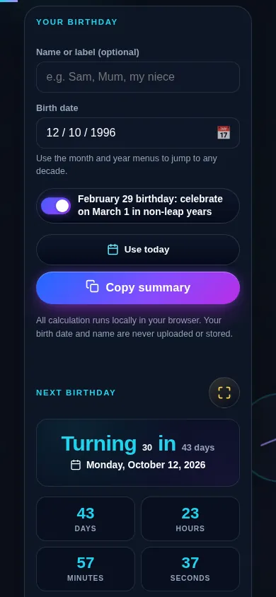 Birthday calculator on a 390px phone: the name field, the birth date picker, and the February 29 switch stacked in one column above the turning-age headline, the live countdown, and the fact cards