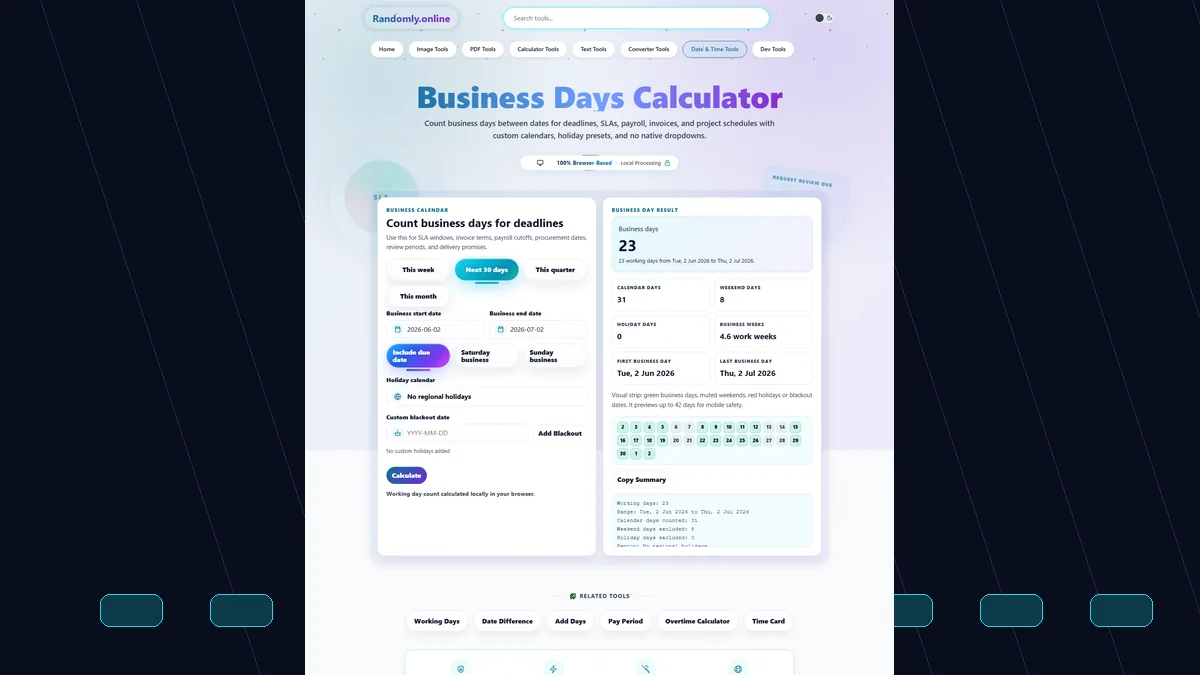 Business Days Calculator with custom start and end date pickers, business calendar chips, holiday region selector, custom blackout date picker, business day count, SLA-style result cards, and compact visual day strip