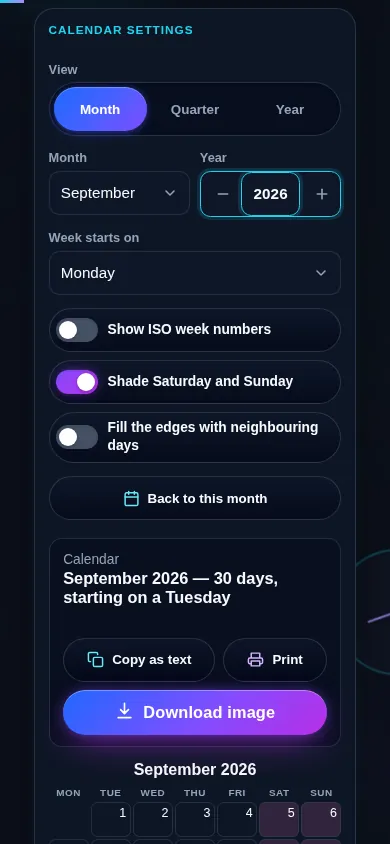 Calendar generator on a 390px phone: the view control, month and year fields and option switches stacked in one column above a full seven-column month grid