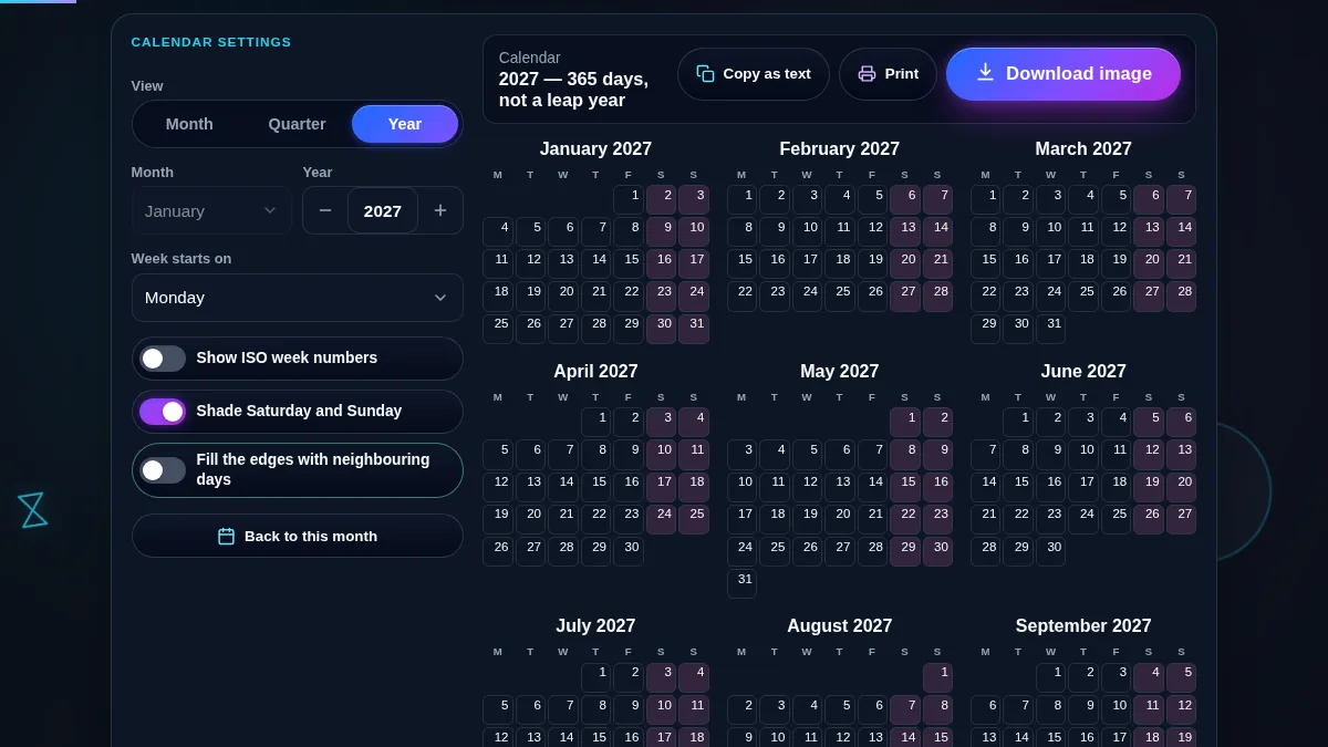 Calendar generator switched to year view, showing all twelve months of 2027 as compact grids with shaded weekends, above the copy and print buttons