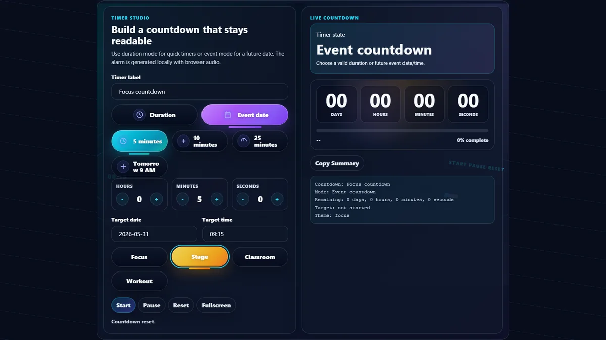 Countdown Timer with custom duration steppers, event date picker, time picker, alarm controls, themed countdown display, progress bar, and fullscreen button