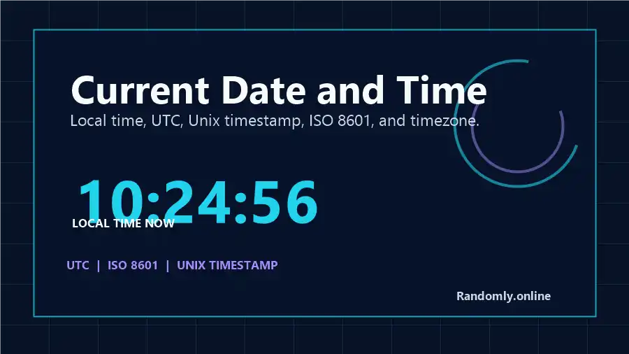Current Date and Time dashboard showing live local date, timezone, digital formats, Unix timestamp, UTC, and copy actions.