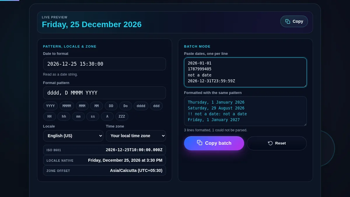 Custom date formatter in batch mode with four dates pasted in, three formatted with the same pattern in the output box and one line marked as not a date, and the count line reading three lines formatted