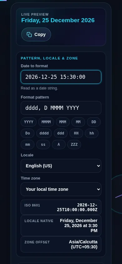 Custom date formatter on a 390px phone: the live preview bar at the top, then the date input, pattern field and token pills stacked in a single column above the locale and time zone dropdowns