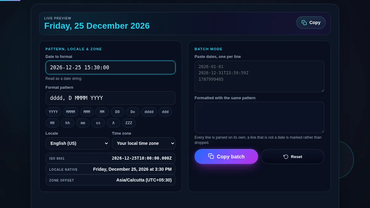 Full custom date formatter workspace: the live preview bar on top, the pattern panel with fourteen token pills, locale and time zone dropdowns and the ISO, locale-native and zone-offset rows on the left, and the batch mode panel on the right