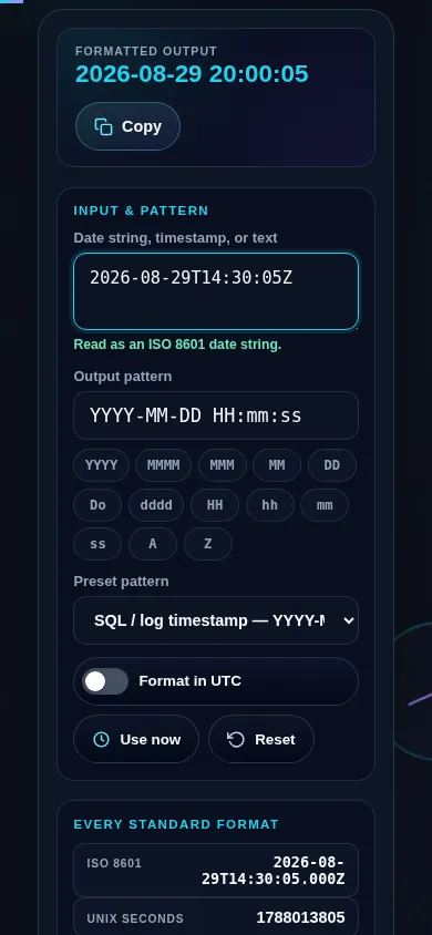 Date format converter on a 390px phone: the formatted result bar at the top, then the input, pattern field, and token pills stacked in a single column above the output rows