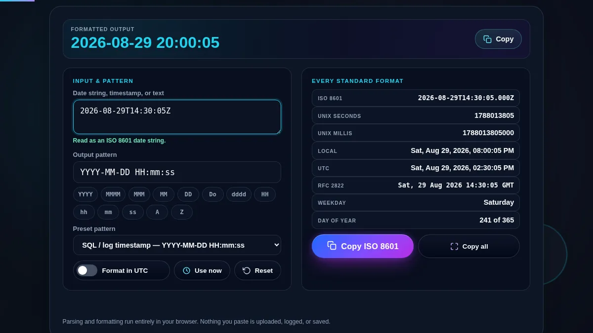 Full date format converter workspace: input textarea with the detected-format line reading Read as an ISO 8601 date string, the pattern field, thirteen token pills, the preset dropdown, the UTC switch, and the eight output rows