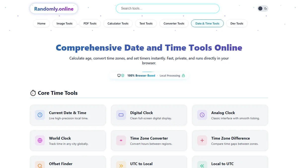 Date and Time Tools Online hub showing colorful cards for clocks time zones date calculators timers business tools and developer timestamp converters