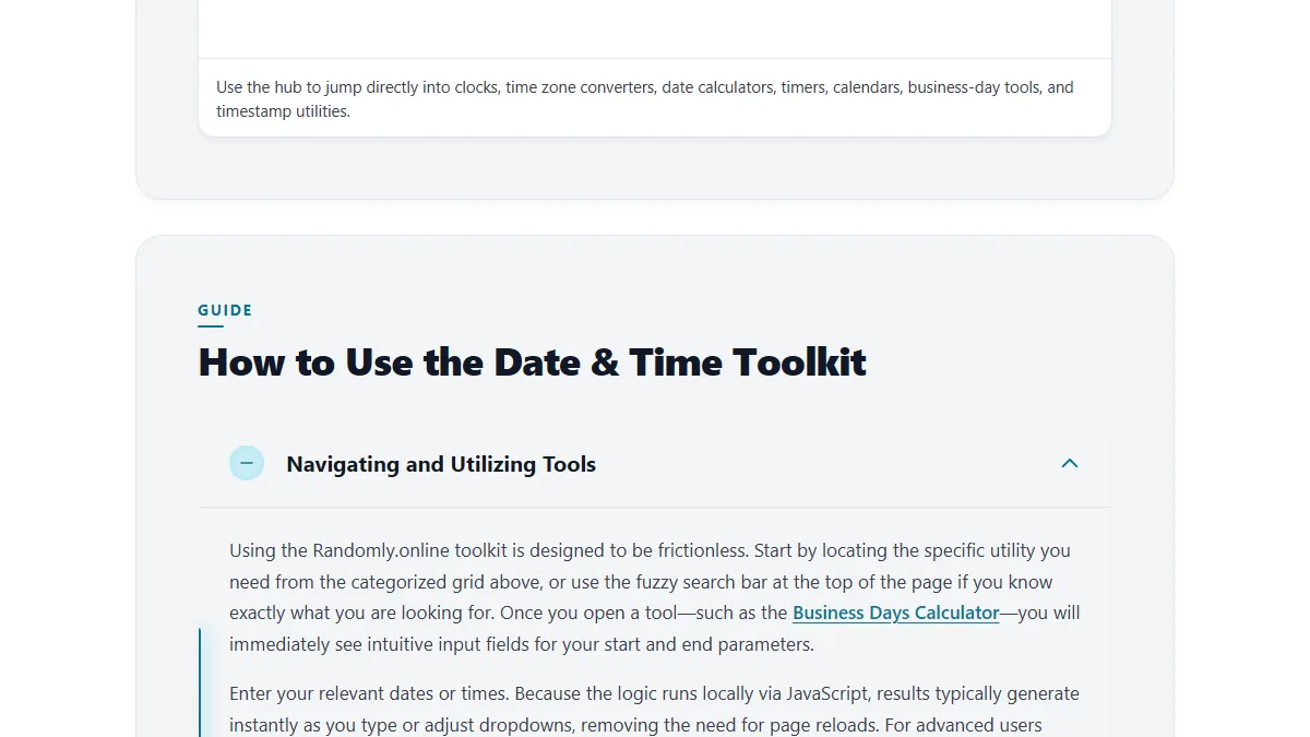 Date and Time Tools workflow guide showing categories for clocks calculators timers business dates calendars and developer timestamp tools