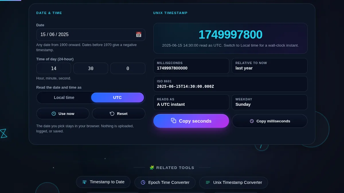 Date to timestamp converter with the Local time / UTC control set to UTC, so the chosen date and time are read as a UTC instant and the seconds and millisecond values update to match