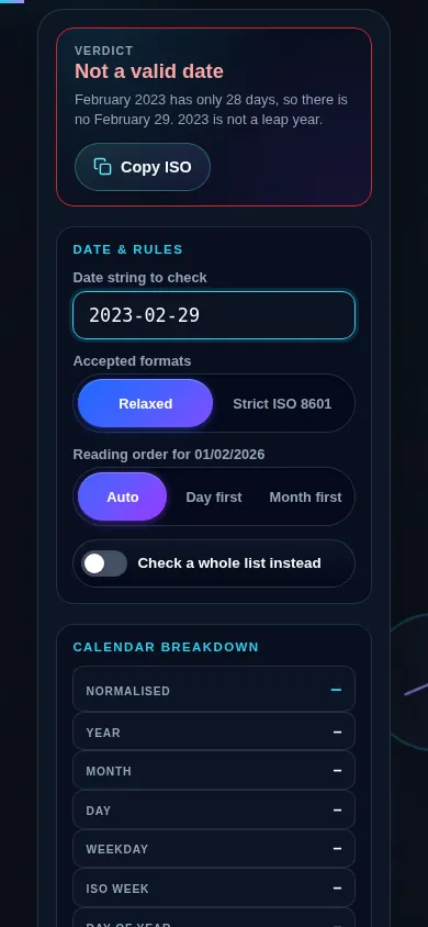 Date validator on a 390px phone: the verdict bar with its reason at the top, then the date input, the accepted-formats segmented control and the reading-order segmented control stacked in one column