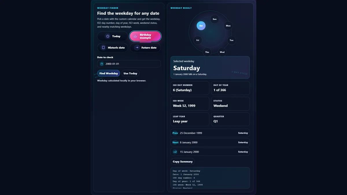 Day of Week Calculator with custom calendar picker, weekday wheel, ISO week result, day of year result, and nearby matching weekday dates