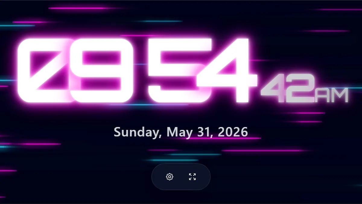 Ambient digital clock with neon style, seconds display, and cinematic background for focus sessions