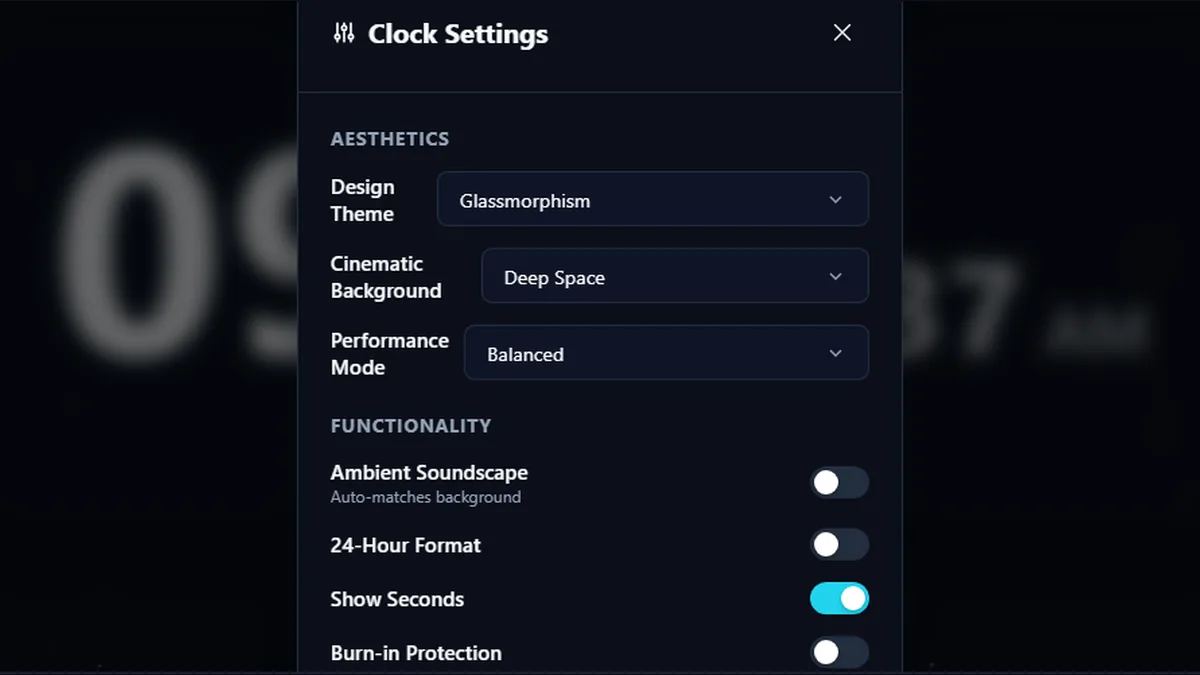 Digital clock settings panel with design theme, background, performance, seconds, and burn-in protection controls