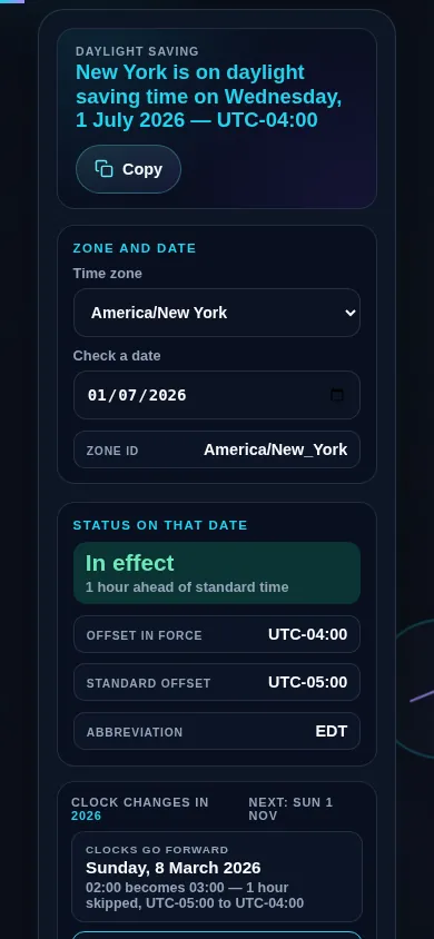 DST checker on a 390px phone: the verdict sentence at the top, the zone selector and date field stacked in one column, and the status panel below them showing the offset in force against the zone's standard offset