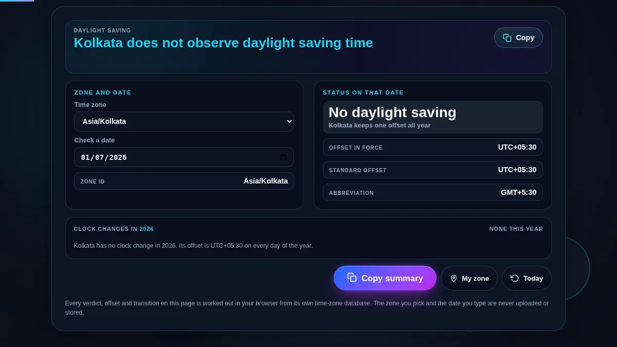 The DST checker set to a time zone that keeps a single offset all year, with the verdict reading that the zone does not observe daylight saving time and a sentence in place of the two clock-change blocks