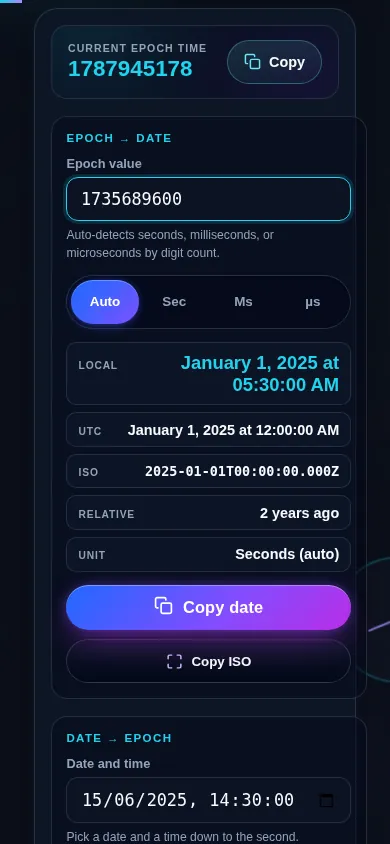 Epoch time converter on a 390px phone: the live current epoch clock at the top, then the epoch-to-date panel, then the date-to-epoch panel, stacked in one column
