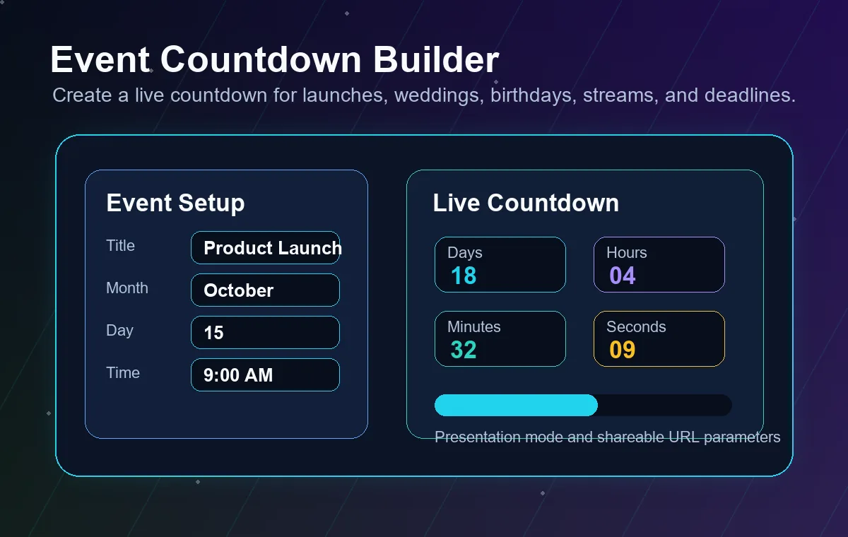 Event countdown timer setup interface with event name, date, timezone, theme, and live preview