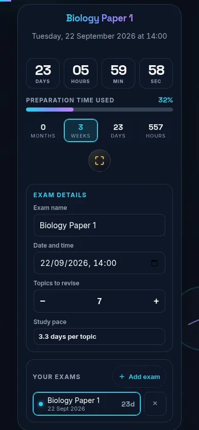 Exam Countdown Timer on a 390px phone with the exam name, the days, hours, minutes and seconds countdown, the preparation bar and the four milestone tiles stacked in one column