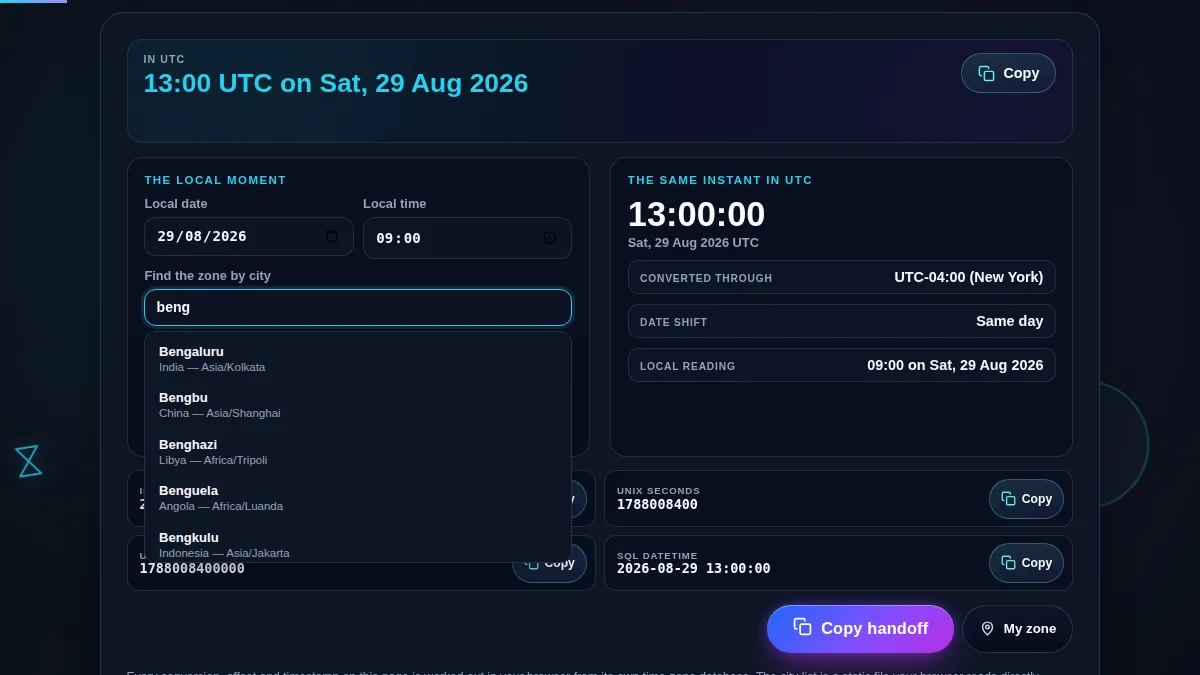 The local time to UTC converter with the city search open, a partial place name typed into it, and the matching cities listed underneath, each row showing the city name, its country and the IANA time zone that picking it will set