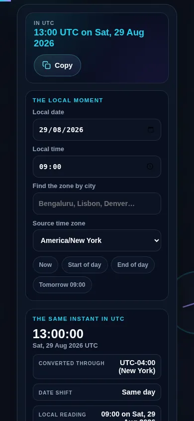 Local time to UTC converter on a 390px phone: the UTC answer at the top, then the local date, the local time, the city search and the source zone stacked in one column, with the preset buttons wrapping underneath them