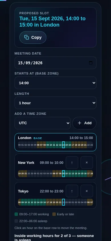 Meeting time planner on a 390px phone: the proposed slot sentence at the top, the date, start hour, length and add-a-zone controls stacked in one column, and the zone rows below with their 24-hour strips intact