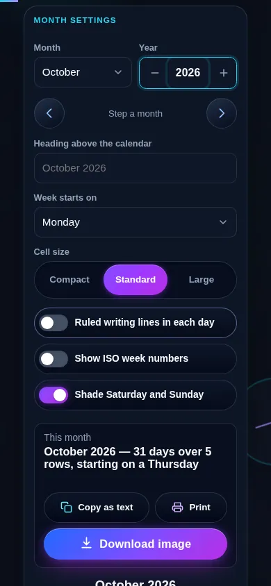 Monthly calendar generator on a 390px phone: the month and year fields, heading input and option switches stacked in one column above a full seven-column month grid