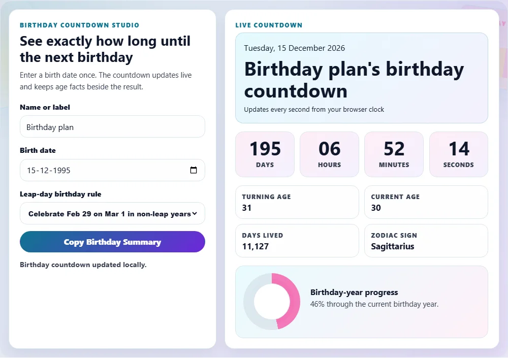 Next birthday countdown tool with birth date input, live countdown cards, age facts, and birthday progress ring