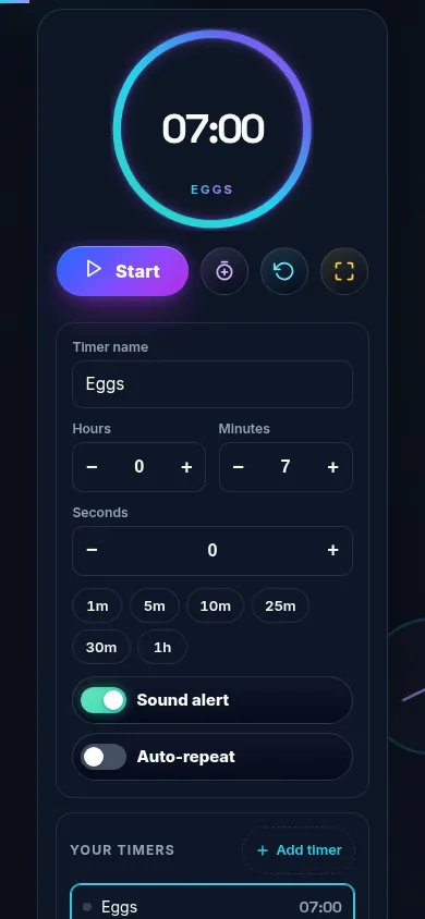 Online Timer on a 390px phone: the countdown ring and the Start, add-a-minute, Reset and Fullscreen controls stacked in one column above the timer name field and the hour, minute and second steppers
