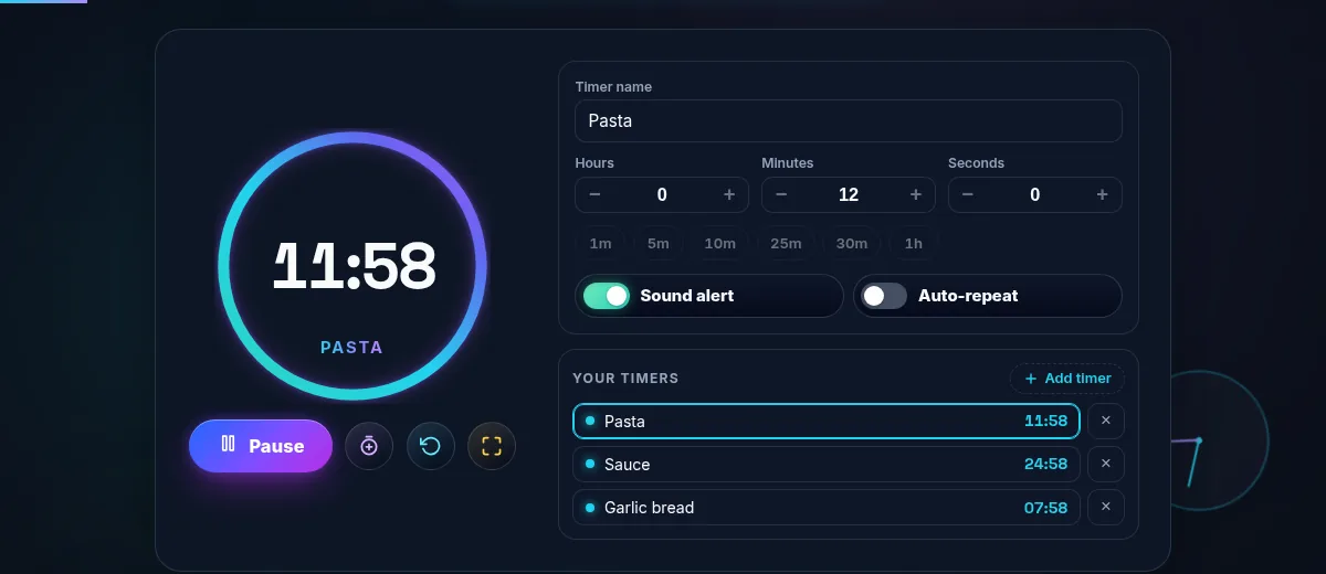 Three timers named Pasta, Sauce and Garlic bread counting down at the same time in the Online Timer list, each row showing its own remaining time beside the selected timer in the ring