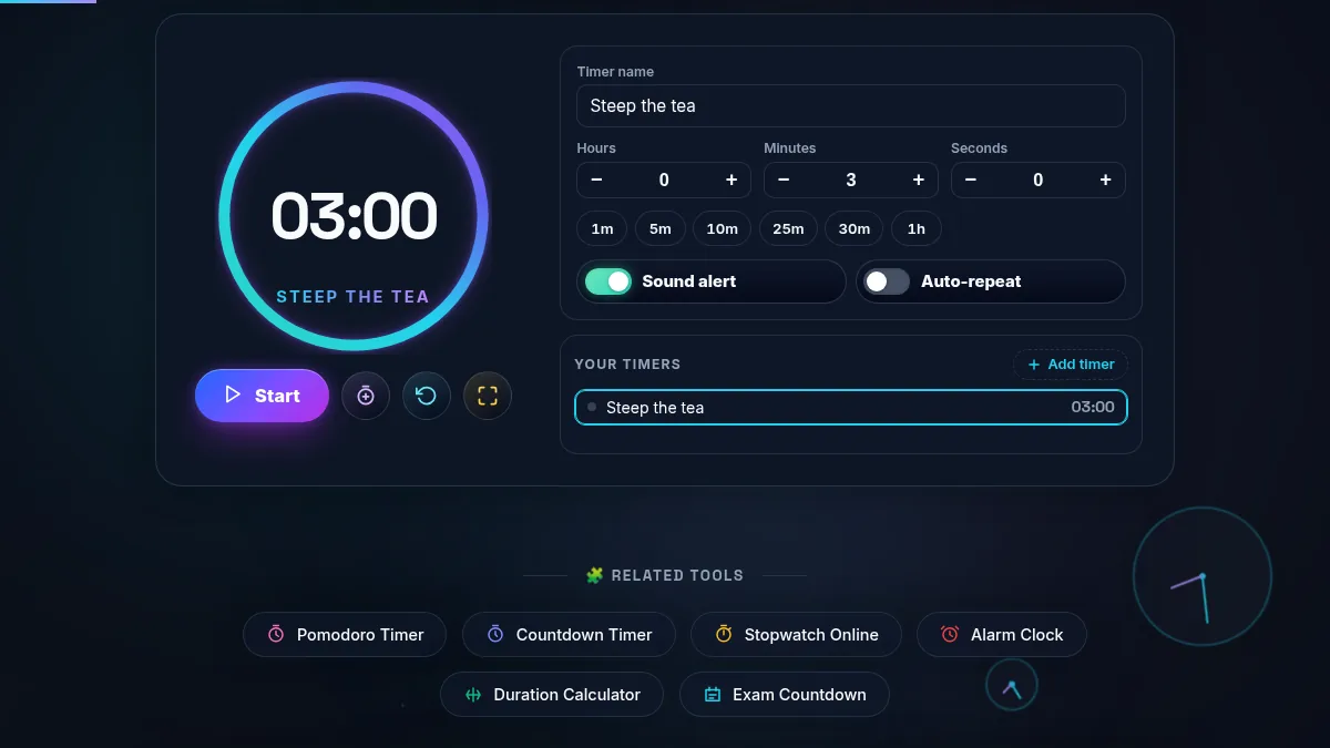 Online Timer workspace with a gradient countdown ring, Start, add-a-minute, Reset and Fullscreen controls, a timer name field, hour, minute and second steppers, six preset pills, sound and auto-repeat switches, and the timer list