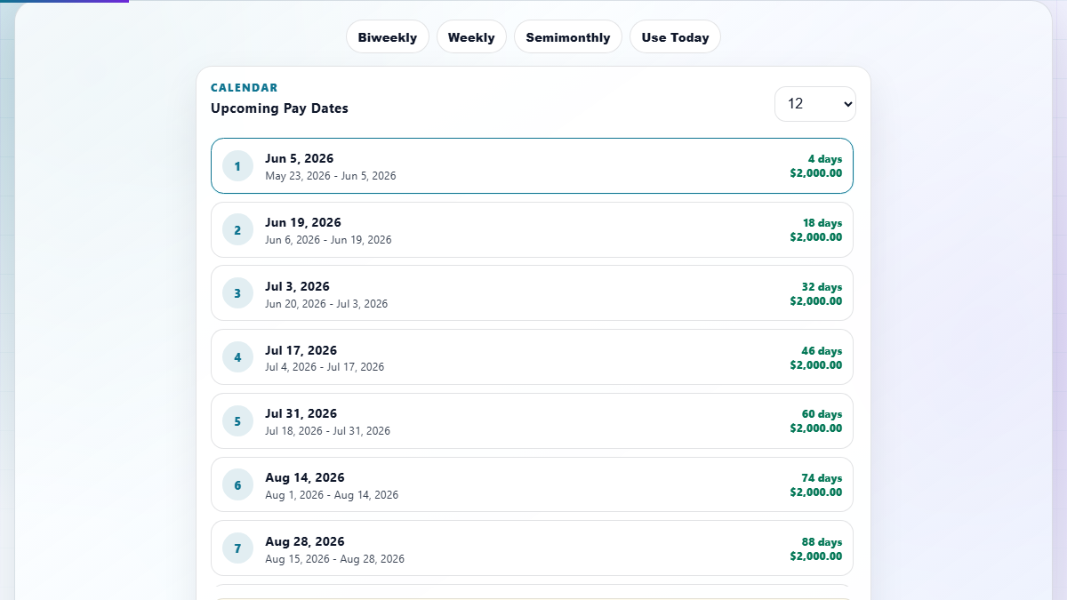 Upcoming payroll calendar with pay period ranges and CSV export action.