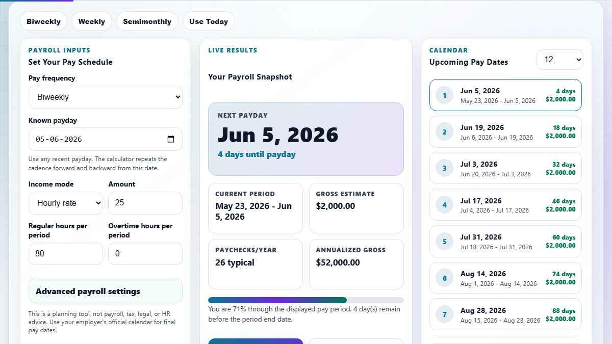 Pay period calculator workspace with payroll frequency controls and live next payday results.