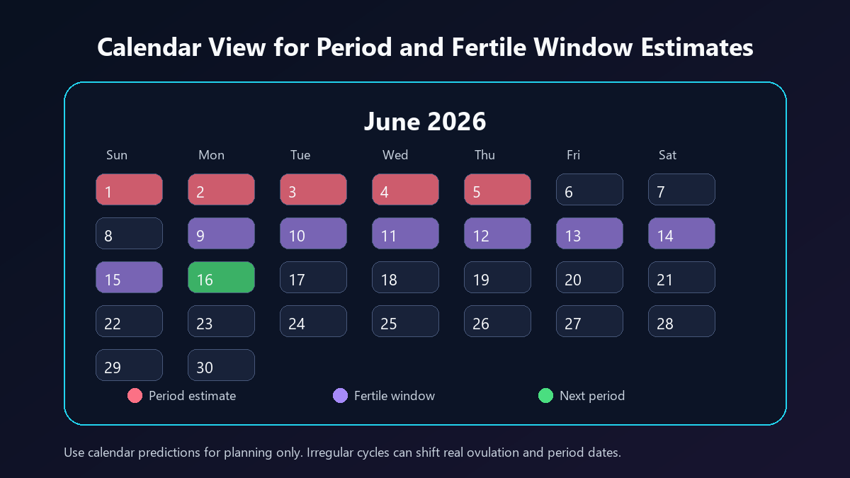 Calendar preview explaining estimated period dates and fertile window timing.