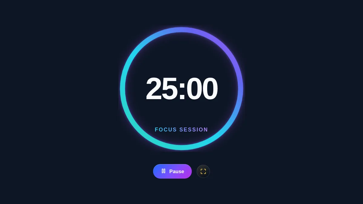 Pomodoro Timer in fullscreen focus mode showing only a large gradient progress ring, a bold countdown, the focus-session label, and Pause and Fullscreen controls on a dark background