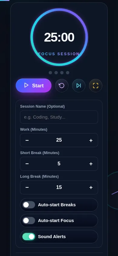 Pomodoro Timer on a 390px phone: the progress ring, session dots, and Start, Reset, Skip and Fullscreen controls stacked in one column above the interval steppers and auto-start switches