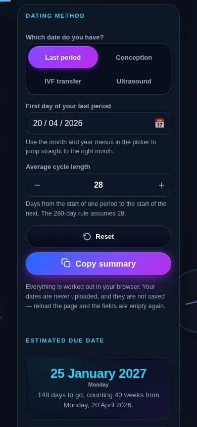 Pregnancy due date calculator on a 390px phone: the four dating method buttons and the last-period date stacked in one column above the estimated due date and the gestational age and trimester cells