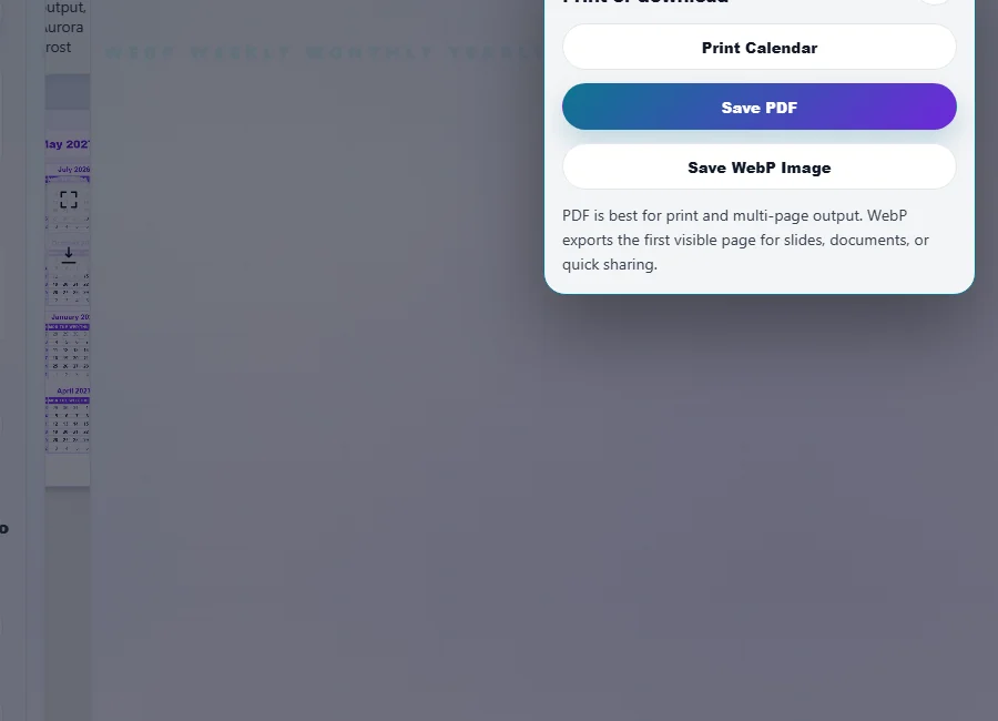 Printable calendar export controls showing Save PDF and Save WebP buttons beside calendar preview