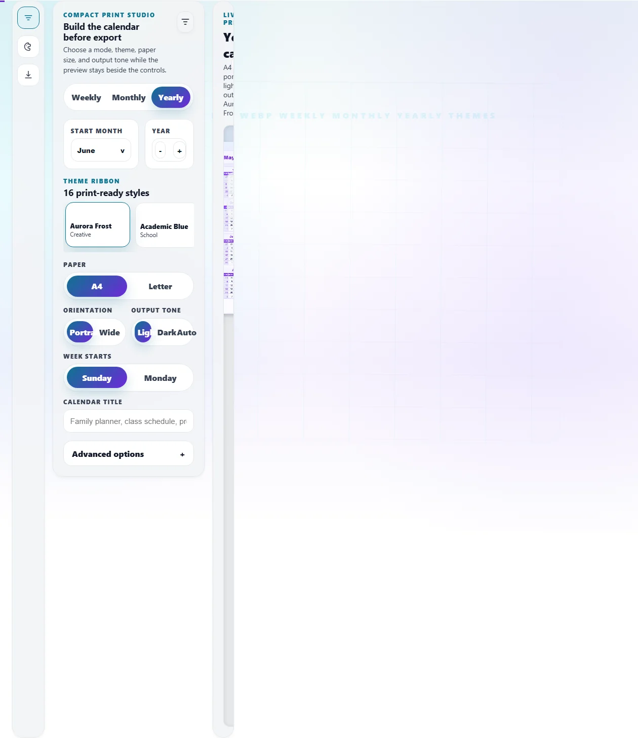 Printable calendar generator workspace with paper size, month, week start, notes, and live preview controls
