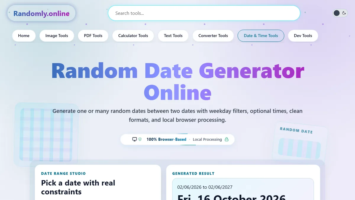 Random date generator with date range fields, weekday filters, format buttons, and generated date results