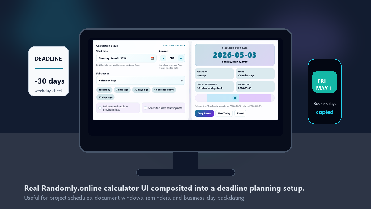Subtract days from date calculator shown on a planning desk for deadline and project scheduling