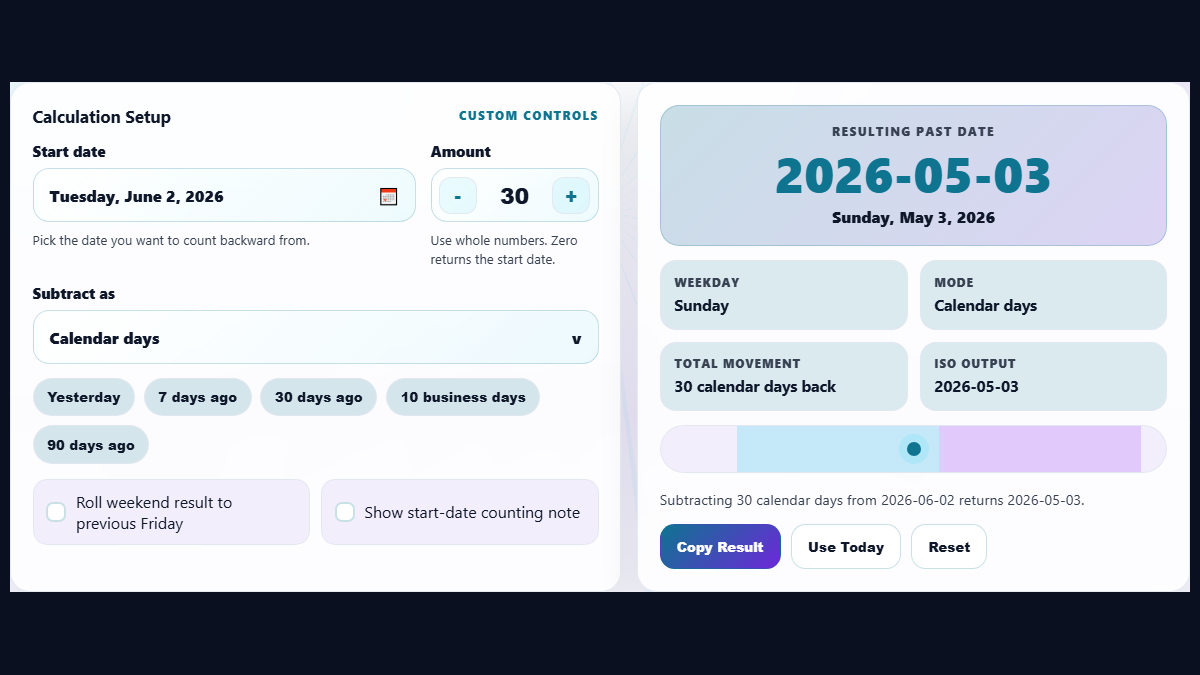 Subtract days from date calculator workspace with custom calendar and result panel